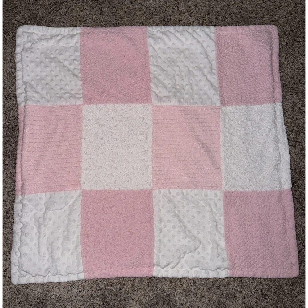 Baby Essentials Patchwork Baby Blanket‎ Pink White Stripes Minky Dot Lovey